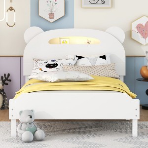 Twin Size Wood Platform Bed Unique Bear Shape Design with 10 Solid Wood Slats 300LBS High Load Capacity Bed Frame for Kids Teens White - 1 of 4