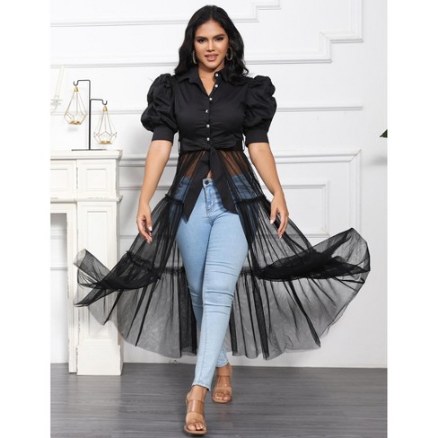 Missky Women's Casual Mesh See Through Shirts Long Dresses With Belt V