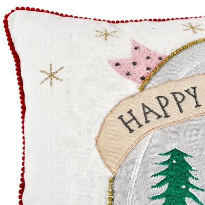 Embroidered White and Red Christmas Reindeer Throw Pillow