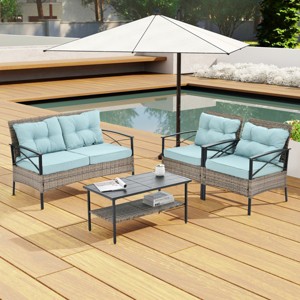 4-Piece PE Wicker Patio Furniture Set with Cushions and Metal Coffee Table, Outdoor Rattan Sofa Set for Garden, Poolside or Deck-Cuddlewood - 1 of 4
