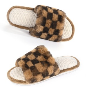Women's Open Toe House Slippers Cross Band Fuzzy Indoor Slip On Bedroom Home Shoes - 1 of 4