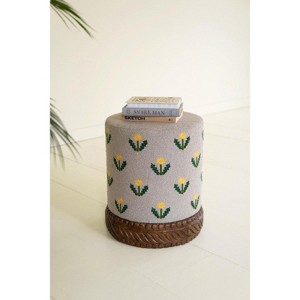 Grey Round Upholstered Ottoman with Carved Wood Base – 18" Tall by Kalalou - 1 of 4