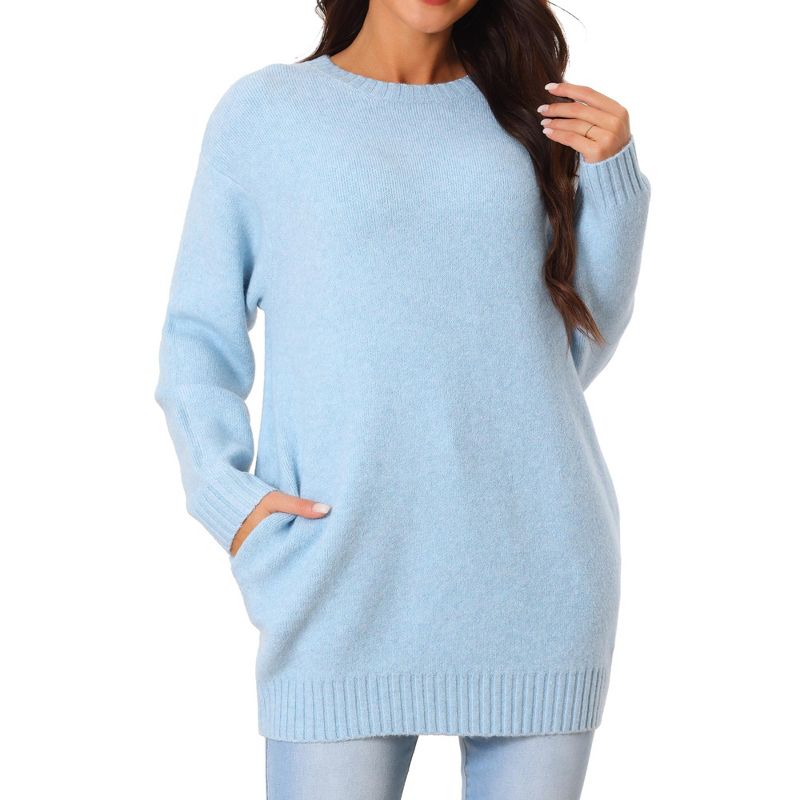 Seta T Women's Fall Winter Round Neck Long Sleeve Casual Tunic Sweater with Pockets, 1 of 6