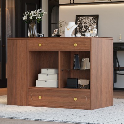 Closet Island with 6 Drawers,Modern Wardrobe Armoire Vanity Island with Glass Display Top for Cloakroom – The Pop Home