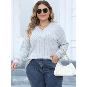 Women Plus Size Casual V Neck Tops Shirts Lantern Long Sleeve T Shirts Fall Tunic Blouse - 1 of 4
