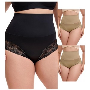 INSPIRE CHIC 3 Packs Women's Lace Trimmed Tummy Control High Waisted Soft Breathable Full Coverage Briefs - 1 of 4