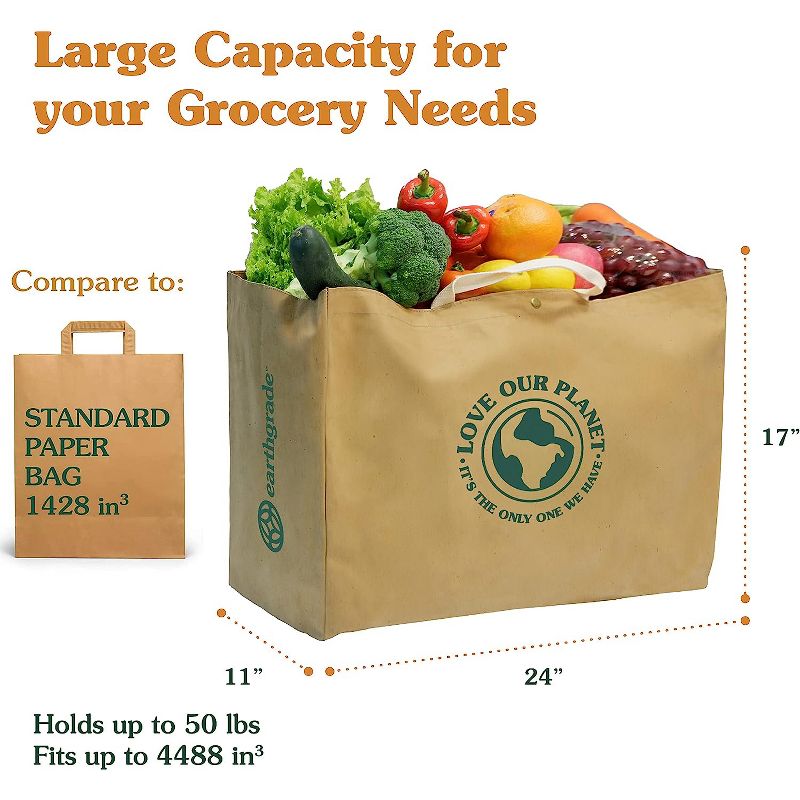 EARTHGRADE Reusable Grocery Shopping Bag Sustainable & Eco Friendly Washable Paper Totes with Cotton Canvas Handles & Durable Seams (Large), 6 of 9