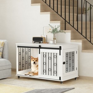 ORRD 39.37" Modern Dog Crate Furniture, 2-in-1 Indoor Kennel End Table with Sliding Barn Door & Lockable Wheels, for Small Medium Dogs - 1 of 4