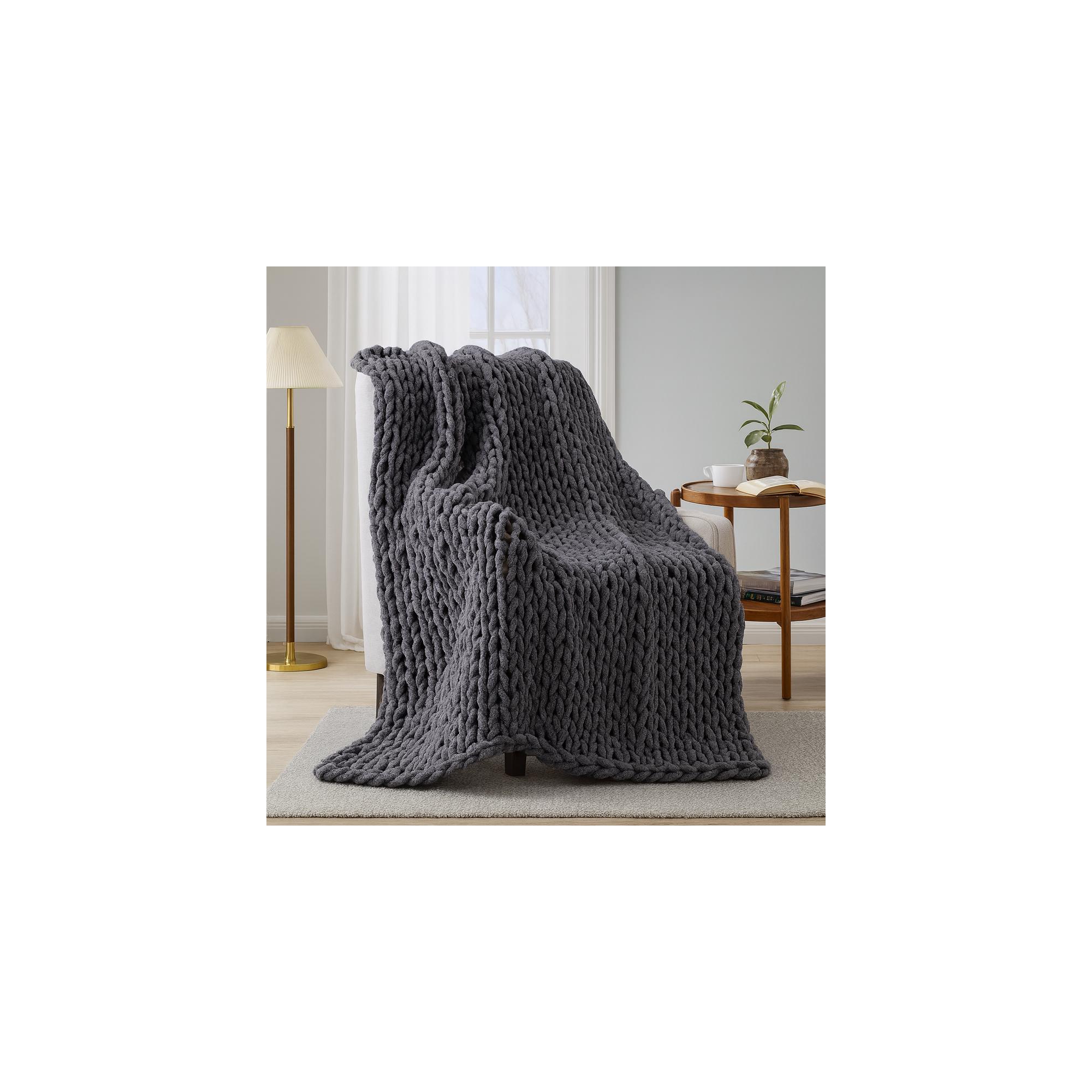 Peace Nest Handmade Chunky Knit Chenille Yarn Throw Blanket 50"x60", Gray