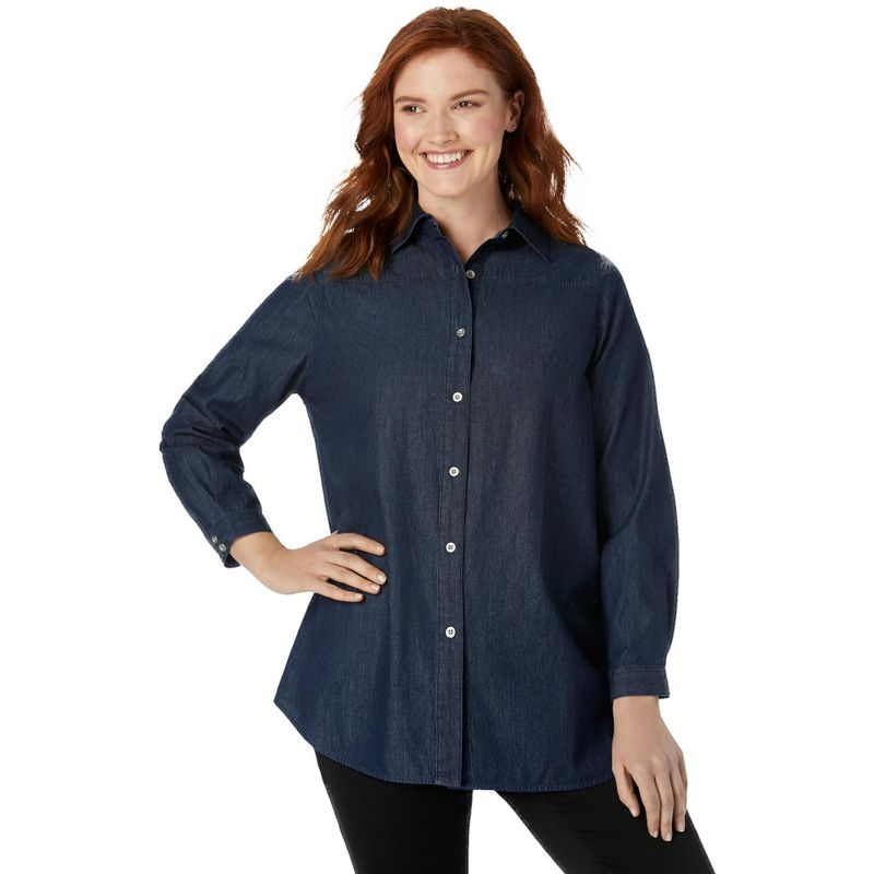 Woman Within Women's Plus Size classic long-sleeve denim shirt, 1 of 2