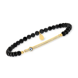 Ross-Simons 3.8-4.5mm Black Onyx Bead and .10 ct. t.w. CZ Evil Eye Stretch Bracelet in 18kt Gold Over Sterling Size - 1 of 4