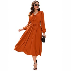 A-Line Dress for Women Fall 2025 Flounce V Neck Pleated Dress Lantern Sleeve Formal Dresses Church Dress - 1 of 4