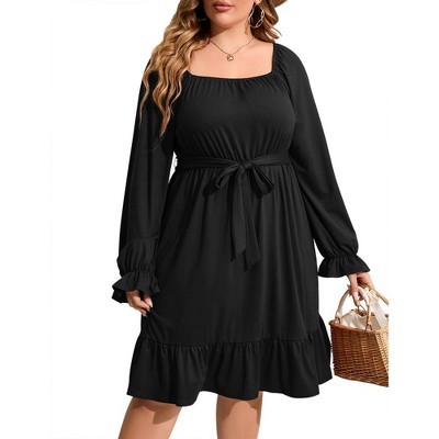 WhizMax Women's plus size Dress Casual Square Neck Dress Puff Long Sleeve Dresses High Waist Ruffle Midi Dress with Belt