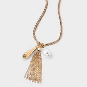 Tassel and Pearl Drop Pendant Necklace - A New Day™ Gold - 1 of 4