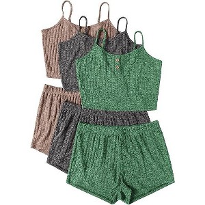 Ekouaer 3 Sets for Women Ribbed Pajamas Crop Cami Top and Shorts Pjs Casual Sleeveless Button Lounge Set Sleepwear - 1 of 4