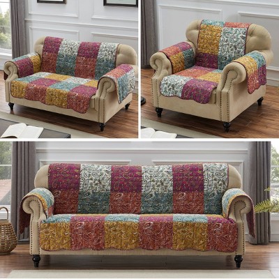 Mid-Century Modern Reversible Paisley Sofa Protector in Purple