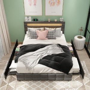 FUFU&GAGA Queen size bed Sponge Upholstered Headboard USB Ports Drawers - 1 of 4