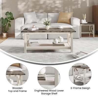 Acacia Gray and Rustic White Rectangular Wood Coffee Table with Lower Shelf