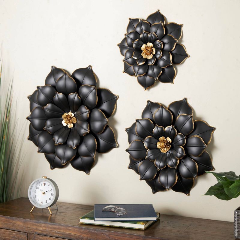Olivia &#38; May Set of 3 Metal Floral 3D Wall Decors with Gold Center Black, 2 of 8