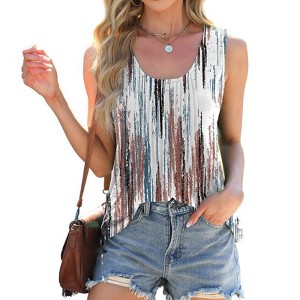 Coolmee Women's Boho Summer Tank Top Loose Fit Flowy Sleeveless  Blouses Pleated Square Neck Curved Hem Tops Geometry - 1 of 4