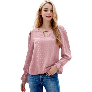 Anna-Kaci Women's Swiss Dot Keyhole Cutout Bishop Sleeve Fashion Blouse - 1 of 4