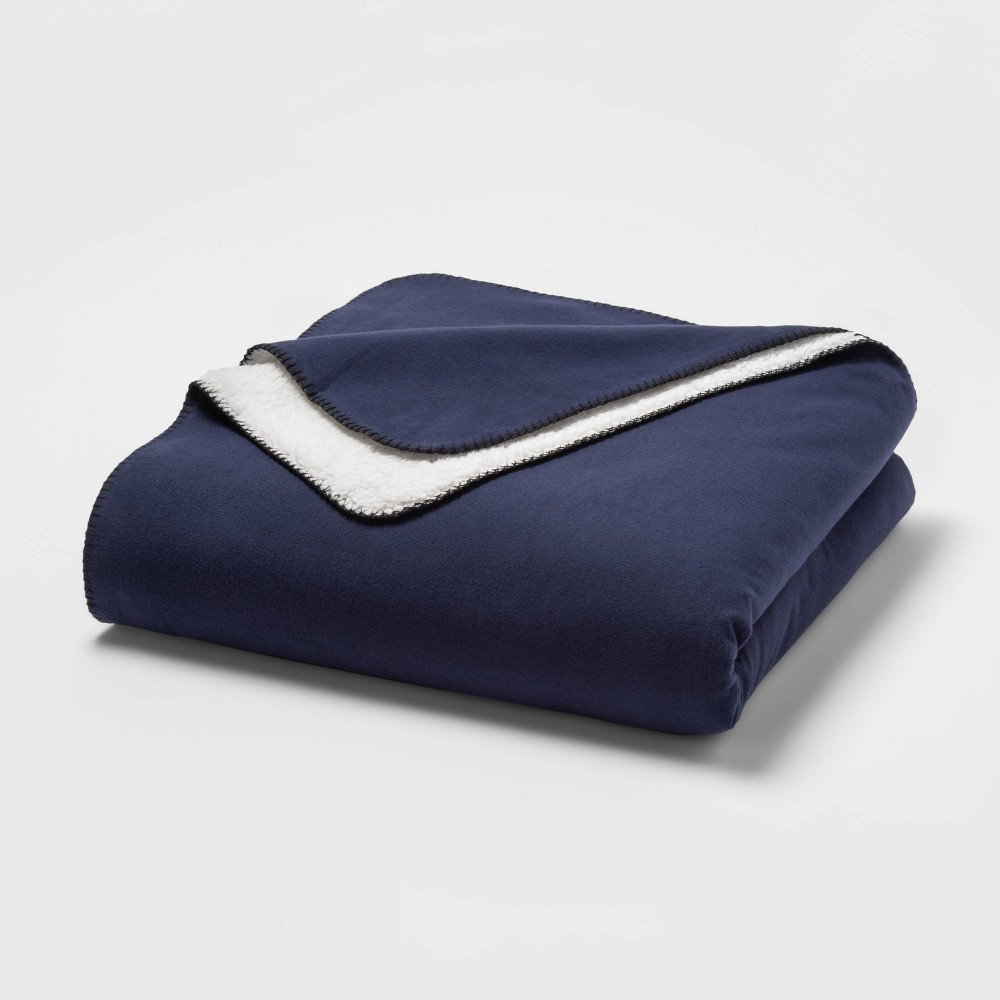 ThresholdFull/Queen Solid Flannel & Sherpa Bed Blanket Navy Threshold