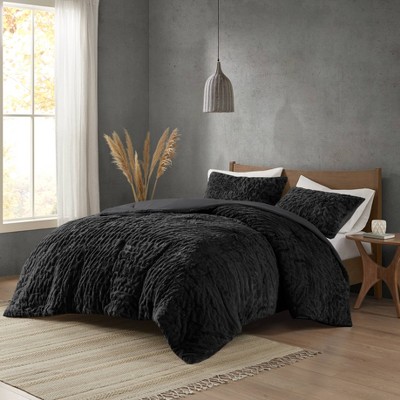 King Black Ruched Faux Fur Comforter Set