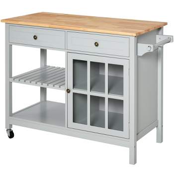 HOMCOM Kitchen Island Utility Storage Trolley Cart with Rubber Wood Top, Towel Rack, 2 Cabinets & Drawers for Dining Room
