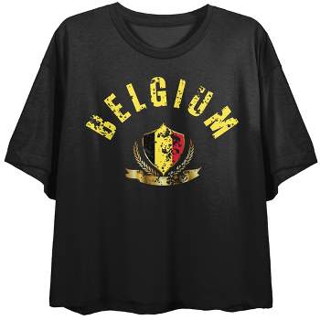 Belgium Distressed Flag Crew Neck Short Sleeve Black Women's Crop Top