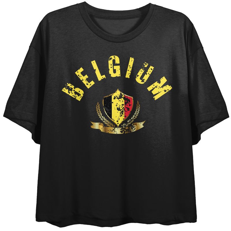 Belgium Distressed Flag Crew Neck Short Sleeve Black Women's Crop Top, 1 of 3