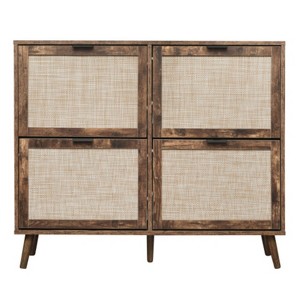 TIRAMISUBEST Farmhouse Shoe Cabinet - 4-Door Rattan, Entryway Storage (41"W x 35"H) - 1 of 4
