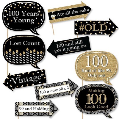 Big Dot of Happiness Funny Adult 100th Birthday - Gold - Birthday Party Photo Booth Props Kit - 10 Piece