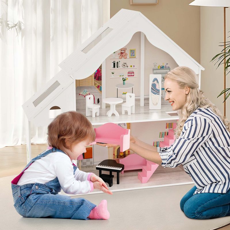 Costway Kids Wooden Dollhouse Semi-Opened DIY Playset with Simulated Rooms & Furniture, 4 of 11