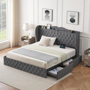 Acekool Velvet Upholstered Bed Frame with 4 Storage Drawers & Charging Station, Diamond Button-Tufted Design - 1 of 4