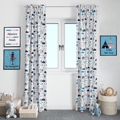 Aqua and Navy Cotton Light-Filtering Rod Pocket Curtain Panel