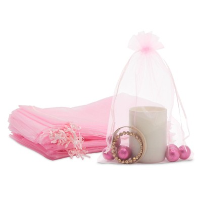 Sparkle and Bash 100 Pack Pink Organza Bags with Drawstring for Gifts, Party Favors (5x12 In)