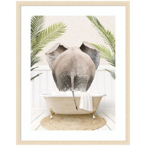 Kate and Laurel Elephant Back in Palm Bathtub by Amy Peterson Framed Wall Art Print, 27 x 34, Woodgrain Stripe Blonde - 1 of 4