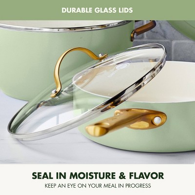 Sage Green 10-Piece Ceramic Nonstick Cookware Set with Gold Handles