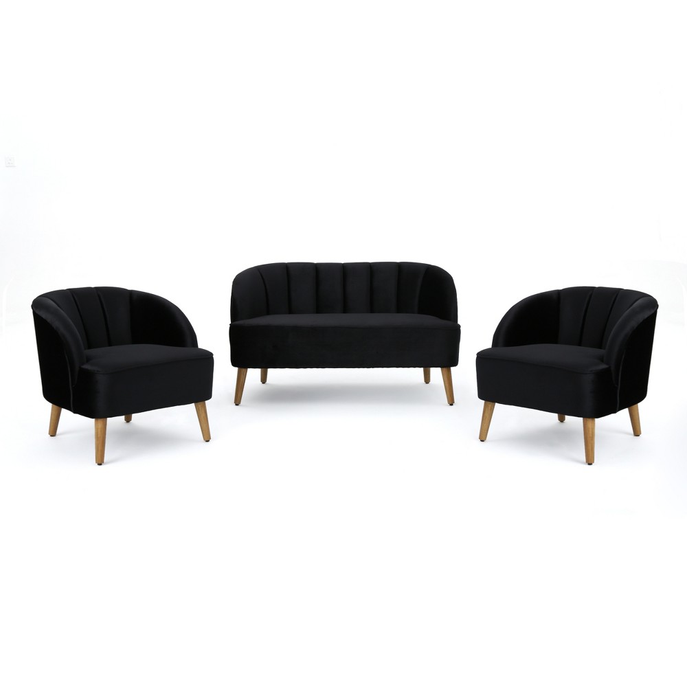 3pc Amaia Modern New Velvet Chat Set Black - Christopher Knight Home: Upholstered Sofa & Chair Combo