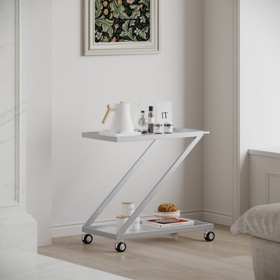 Modern Z Shaped Bar Cart, Iron Service Cart With Tempered Glass Shelves, Rolling Casters, Bar Cart With Handle