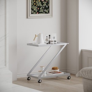 Modern Z Shaped Bar Cart, Iron Service Cart With Tempered Glass Shelves, Rolling Casters, Bar Cart With Handle - 1 of 4