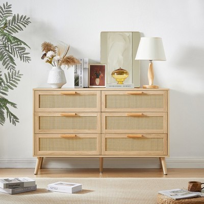 47.2''W x 15.8''D x 37.4''H,Bedroom dresser, 8 Double Dresser with rattan drawers, wood chest of drawers , Natural