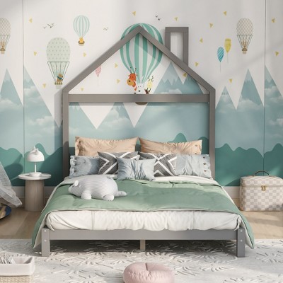 Whisen Twin Size Wood Platform Bed with House-shaped Headboard