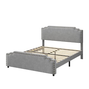 coucheta Velvet Fabric Upholstered Platform Bed Frame with Rivet Decor Headboard and Footboard,Strong Wood Slat Support - 1 of 4