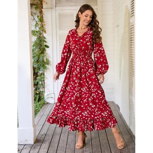 Women's Bohemian Floral Print Maxi Dress - V-Neck Long Sleeve Wedding Guest Gown, Flowy Beach Dress - 1 of 4