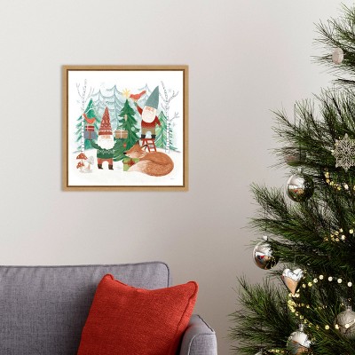 Woodland Gnomes Holiday Canvas Print with Oak Frame
