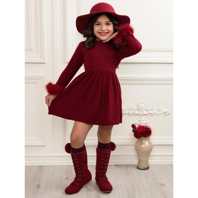 Cranberry Frost Burgundy Dress with Luxe Faux Fur Cuffs Mia Belle Girls