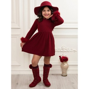 Cranberry Frost Burgundy Dress with Luxe Faux Fur Cuffs Mia Belle Girls - 1 of 4