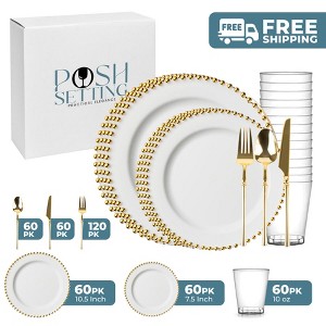 Posh Setting 420 Piece White And Gold Fancy Disposable Plastic Plates Wedding Bundle - Beaded (60 Settings) - 1 of 4