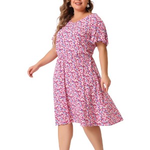 Women's Plus Size Floral V Neck Flare Sleeve Elastic Waist Casual A Line Midi Dresses - Agnes Orinda - 1 of 4